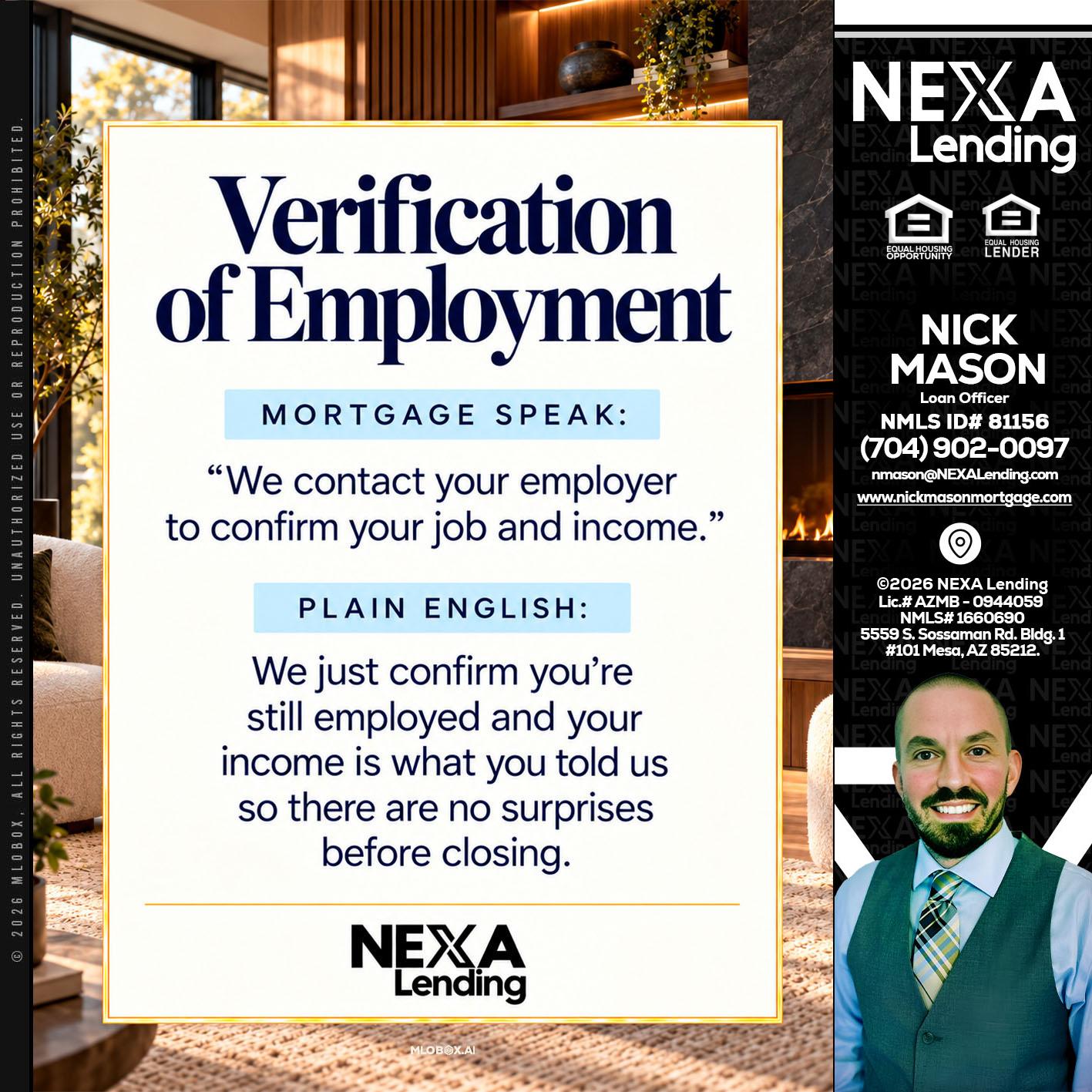 VERIFICATION OF EMPLOYMENT - Nick Mason -Loan Officer